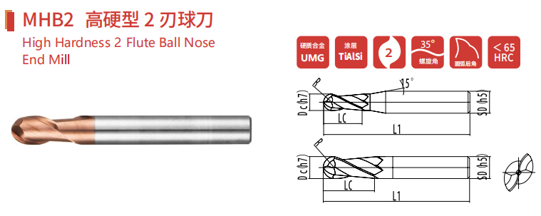 High Hardness 2 Flute Ball Nose End Mills